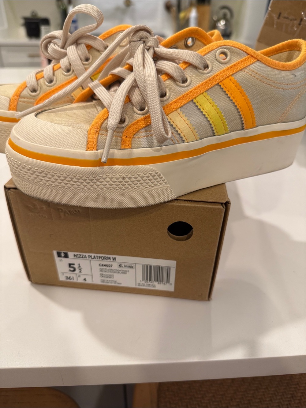 adidas Nizza Platform Sneaker in Cream with Yellow & Orange Accents